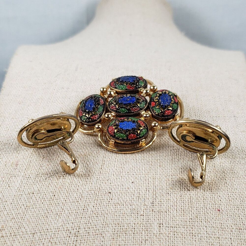 Vtg 1968 Sarah Coventry Light of the East Mosaic Brooch Clip Earrings Set MCM - Picture 10 of 16